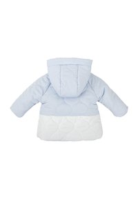Chaqueta acolchada para toddler en azul claro y blanco con capucha, mangas largas y patrón circular cosido, vista desde atrás.