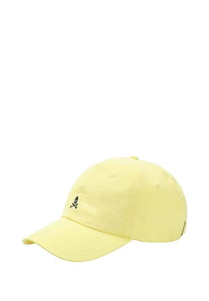 Yellow cotton baseball cap with a curved brim and black skull-and-crossbones design on the front. Stitched accent for durability.