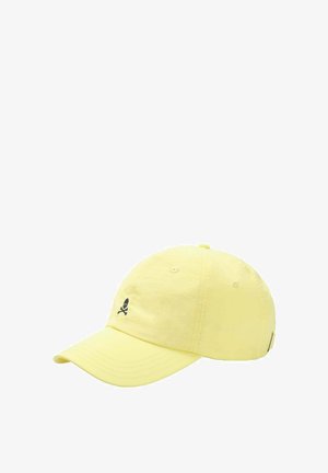 Casquette de baseball en coton jaune avec une visière courbée et un design de crâne et os croisés noir à l'avant. Accent cousu pour plus de durabilité.