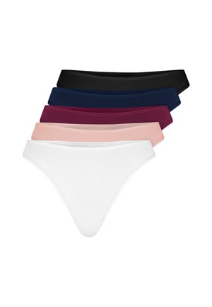 Marineblaue Bikini-Unterwäsche, die an den Hüften einer Person getragen wird, zeigt vorne und seitlich glatten Stoff und einen angepassten Bund.
