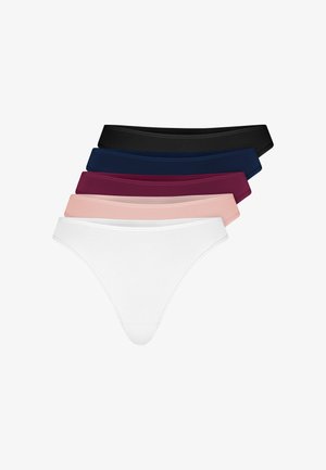 Navy blue bikini-style underwear worn on a person’s hips, showing the front and side with smooth fabric and a fitted waistband.