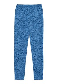 Blue leggings featuring a leopard print pattern in darker blue, made of soft, stretchy fabric with an elastic waistband.