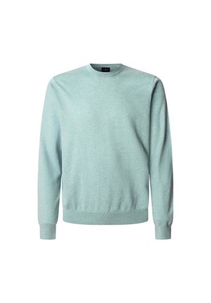 Svijetloplava, pulover s okruglim izrezom izrađen od mekog materijala s dugim rukavima te rebrastim manžetama i rubom. Bez vidljivih uzoraka ili akcenta.