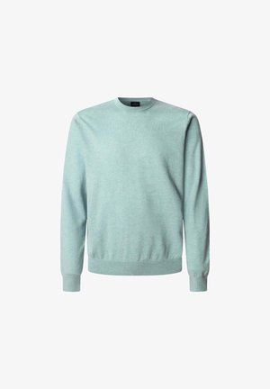 Svijetloplava, pulover s okruglim izrezom izrađen od mekog materijala s dugim rukavima te rebrastim manžetama i rubom. Bez vidljivih uzoraka ili akcenta.