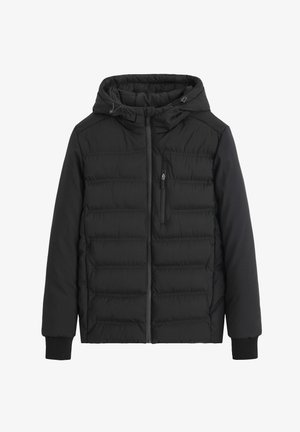 Veste d'hiver noire rembourrée avec capuche, fermeture éclair à l'avant, poche poitrine zippée et poignets côtelés, conçue pour le temps froid.