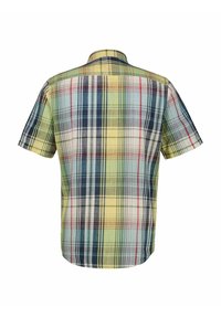 Short-sleeve plaid shirt featuring a mix of yellow, blue, green, and red colors with a button-down collar and a curved hem.