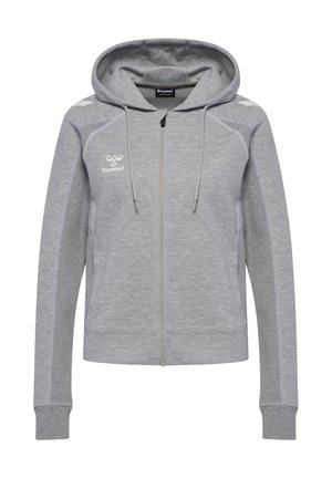 Hellgrauer Zip-Hoodie mit weißem hummel-Logo auf der linken Brust, Kordeln und gepolsterter Kapuze, von vorne auf weißem Hintergrund dargestellt.