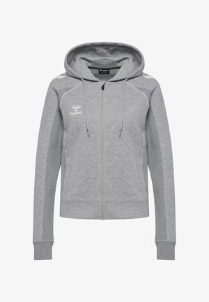 Hellgrauer Zip-Hoodie mit weißem hummel-Logo auf der linken Brust, Kordeln und gepolsterter Kapuze, von vorne auf weißem Hintergrund dargestellt.