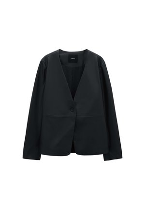 Blazer nero strutturato realizzato in tessuto liscio. Presenta un profondo scollo a V, chiusura con un solo bottone e maniche lunghe con dettagli minimi.