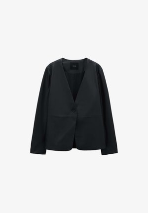 Blazer nero strutturato realizzato in tessuto liscio. Presenta un profondo scollo a V, chiusura con un solo bottone e maniche lunghe con dettagli minimi.