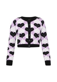 Cardigan accorciato in lavanda con motivo a cuori bianco e nero, chiusura con bottoni, e polsini e orlo a coste neri, realizzato in morbido materiale a maglia.