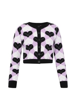 Levágott kardigán levendula színben, fekete-fehér szívmintával, gombos előlappal, fekete bordás mandzsettákkal és szegéllyel, puha kötött anyagból.