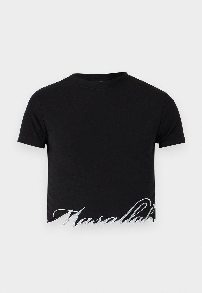 Black cropped short-sleeve t-shirt with the word "Masallah" embroidered in white script along the bottom hem.