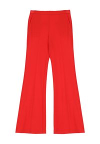 Pantaloni rossi svasati realizzati in tessuto elasticizzato, dotati di due tasche laterali, una vita liscia e una finitura pulita senza hardware visibile.