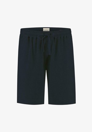 Námořnické modré šortky vyrobené z měkké látky, s elastickým pasem a šňůrkou na stažení. Design je jednoduchý a funkční, bez dalších kapes.