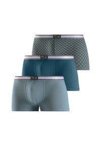 Three pairs of men's boxer briefs. Colors include grey with a checkered pattern, teal, and light blue. Each features a multi-colored elastic waistband.