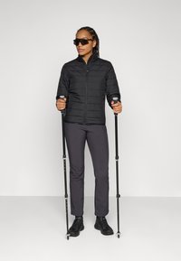 Giacca nera isolante con chiusura a zip, pantaloni da trekking grigi e scarpe nere. L'individuo tiene dei bastoncini da trekking e indossa occhiali da sole scuri.
