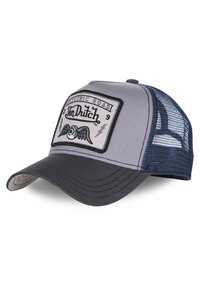 Casquette de camionneur avec un devant gris et un arrière en mesh bleu marine. Présente un patch rectangulaire avec "Von Dutch" et un design d'œil ailé en noir et blanc.