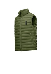 Groene opblaasbare vest met een hoge kraag, horizontaal gestikt patroon, ritssluiting aan de voorkant en zijzakken. Lichtgewicht en gestroomlijnd ontwerp.