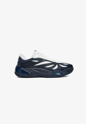 Low-Top-Sneaker in Weiß und Dunkelblau mit wellenförmigen Overlays, strukturierter Sohle und hellblauem Markenlogo in der Nähe der Vorderseite.