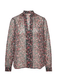 Blouse florale à manches longues, en tissu noir transparent orné de petites fleurs rouges et roses, avec un col à boutons.