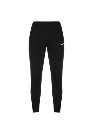 Schwarze, schmal zulaufende Sporthose mit elastischem Bund und kleinem weißem Nike-Swoosh-Logo am oberen Oberschenkel.