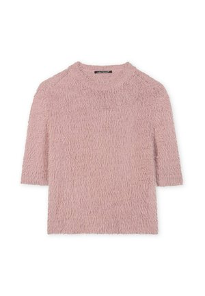 Kurzärmliger, hellrosa Pullover aus einem strukturierten, flauschigen Material mit einem runden Ausschnitt. Einfaches Design mit lockerer Passform und ohne sichtbare Hardware.