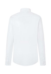 Witte langwerpige shirt met lange mouwen en een kraag, een soepele textuur, knoopmanchetten en een afgeronde zoom, met een minimalistisch ontwerp.