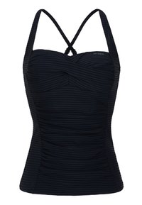 Top de baño negro con un diseño plisado, tirantes ajustables y estilo de espalda cruzada. Fabricado con una tela texturizada con rayas horizontales.