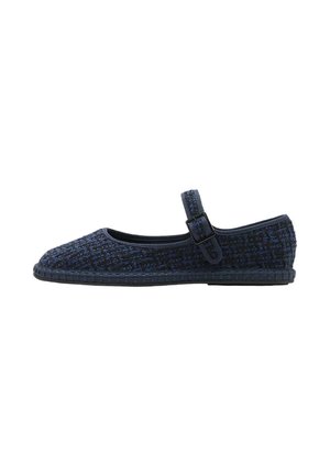 Navy blue Mary Jane flat shoe with textured fabric upper and adjustable strap over instep, flat rubber sole.