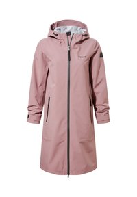 Pink waterproof parka with a hood, front zipper, and two side zip pockets. Features black accent hardware and elastic cuffs.