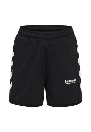 Schwarze Shorts aus Stoff mit texturierter Oberfläche. Elastischer Bund, Seitentaschen und weiße Chevron-Muster entlang der Seiten.