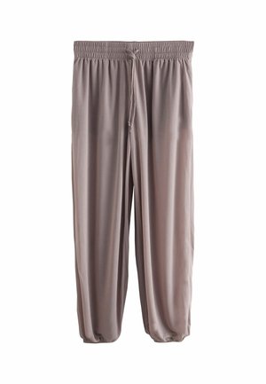 Locker sitzende taupefarbene Loungehose mit elastischem Bund, Kordelzug und elastischen Bündchen an den Knöcheln.