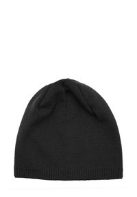 Dark gray knit beanie with a slouchy top, ribbed hem, and textured fabric. No visible patterns or hardware details.
