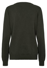 Pull vert foncé, tissu tricoté, col rond, manches longues, poignets et ourlet côtelés, texture lisse, design simple, sans motifs.