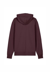 Burgunderfarbener Hoodie mit großer Kapuze, langen Ärmeln und gerippten Bündchen. Glatte Textur, keine sichtbaren Muster oder Beschläge, flache Rückenansicht.