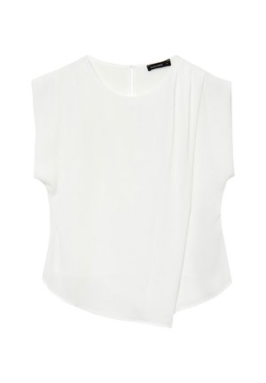 Top bianco a maniche corte realizzato in tessuto leggero. Collo rotondo con un delicato dettaglio plissettato su un lato. Chiusura con zip sulla schiena.