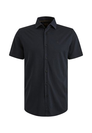 Camisa de manga corta, abotonada, en tejido de color azul marino oscuro con un patrón texturizado y un pequeño logo bordado en el pecho.