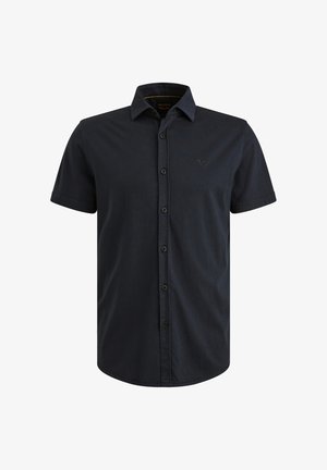 Korte mouwen, blouse met knopen in donker marineblauwe stof met een gestructureerd patroon en een klein geborduurd logo op de borst.