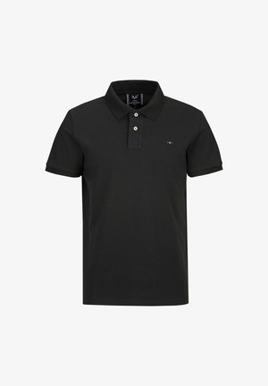 Zwarte polo in katoen materiaal, met een klassieke kraag, twee knopen en een kleine geborduurde accent in groen, wit en rood.