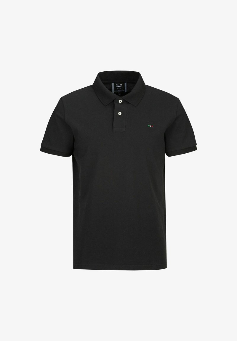 Schwarzes Polo-Shirt aus Baumwolle mit einem klassischen Kragen, zwei Knöpfen und einem kleinen gestickten Akzent in Grün, Weiß und Rot.
