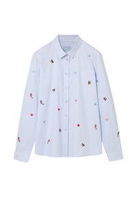 Jasnoniebieska koszula z długim rękawem, ozdobiona różnorodnymi kolorowymi haftowanymi wzorami, w tym niedźwiedziami, sercami i liśćmi, z klasycznym kołnierzykiem.