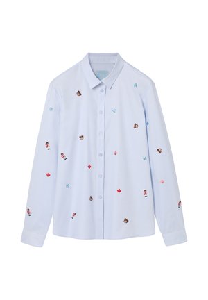 Cămașă bleu cu mânecă lungă, cu diverse modele colorate brodate, inclusiv ursuleți, inimioare și frunze, având un guler clasic.