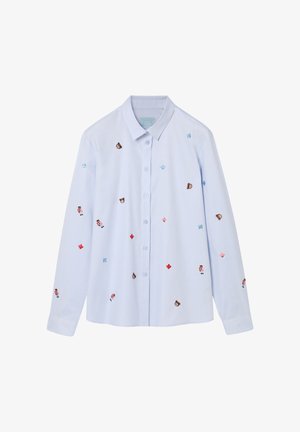 Cămașă bleu cu mânecă lungă, cu diverse modele colorate brodate, inclusiv ursuleți, inimioare și frunze, având un guler clasic.