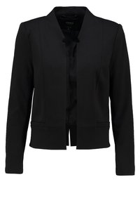 Černý blazer vyrobený z hladké látky, s dlouhými rukávy, přiléhavým střihem, otevřeným předním dílem a minimalistickým designem bez viditelných zapínání.