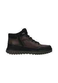 Braune Leder-Hochtop-Schuhe mit schwarzen Akzenten, runder Spitze, Schnürdesign, seitlichem Reißverschluss und strukturiertem Gummisohle.