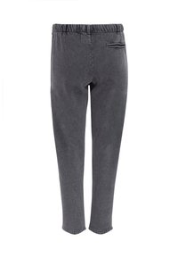 Grijze elastische broek met een slim fit, met een enkele achterzak en een gladde, licht gestructureerde stof. Enkellange pasvorm.