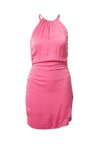 Rosa ärmelloses Kleid mit gerafftem Ausschnitt, gerafftem Seitendetail und leicht asymmetrischem Saum. Glatte, leichte Stofftextur.