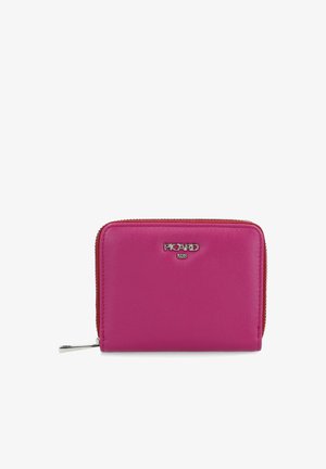 Pink leather wallet with a smooth texture, featuring a zippered closure and metallic logo on the front. Compact rectangular shape.