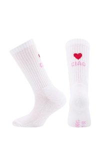 Weiße Baumwollsocken mit ribbeliger Struktur. Enthält ein rotes Herz und "CIAO" in Rosa an der Seite. Leicht und knöchellang.